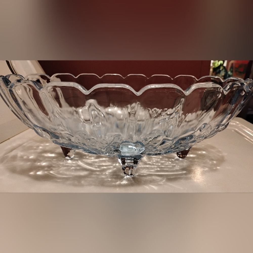 Vintage Indiana Glass Harvest Grape Design Light Blue Footed Oval Fruit Bowl 12"